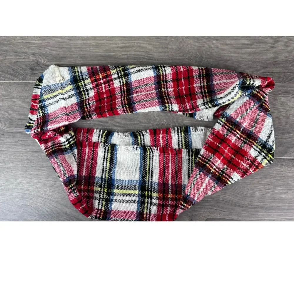 Ruggine Plaid Infinity Scarf with Fringe Red White Green Blue Yellow Acrylic